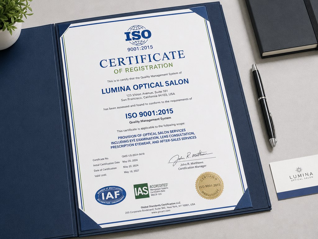 Сертификат ISO качества услуг оптического салона
